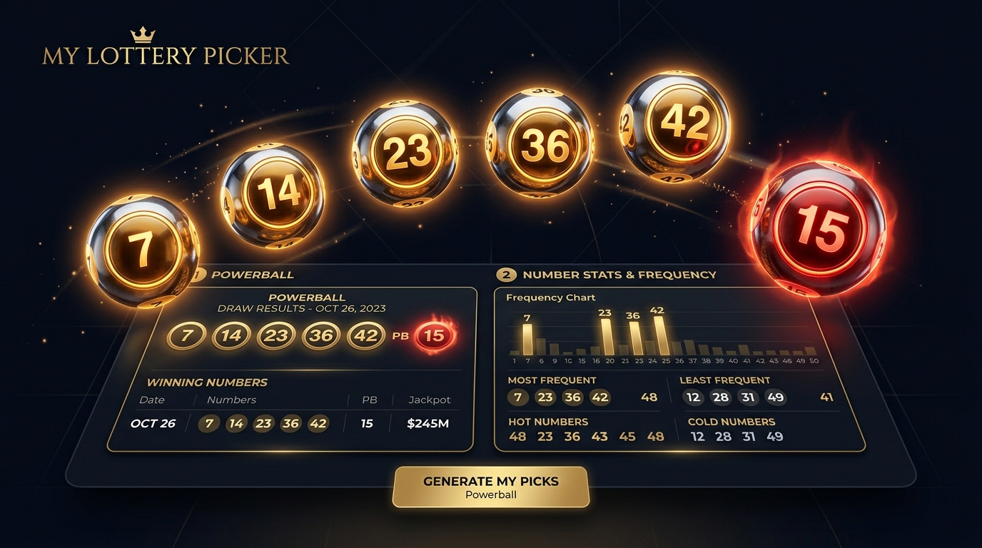My Lottery Picker visual showcase displaying golden glowing balls, stats frequency chart and Powerball draw