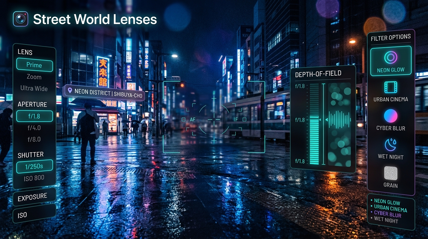 Street World Lenses camera interface showcasing Tokyo night scene with HUD telemetry